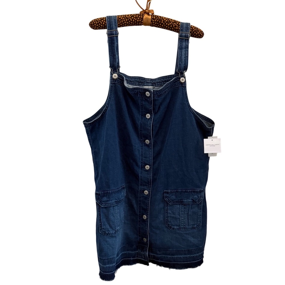 American Eagle Denim Pinafore Dress Womens XL Blue Button Front Raw Hem NWT
